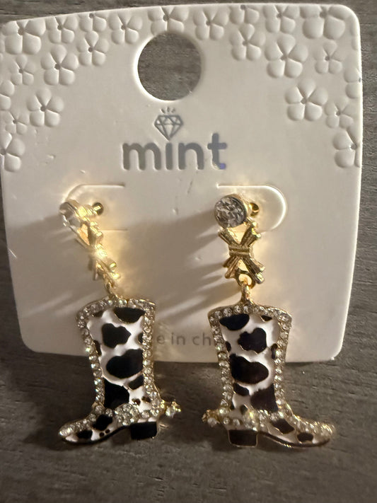 Cow Print Rhinestone Western Boot Dangle Earrings
