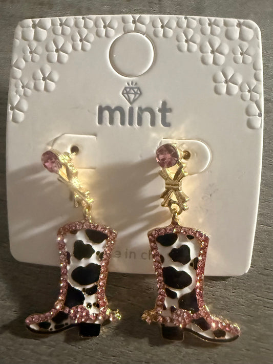 Cow Print Rhinestone Western Boot Dangle Earrings