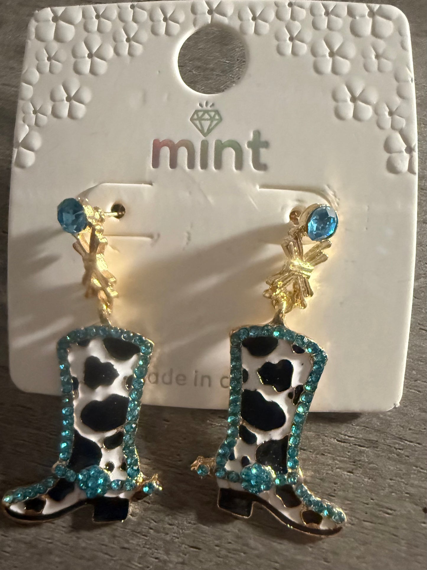 Cow Print Rhinestone Western Boot Dangle Earrings