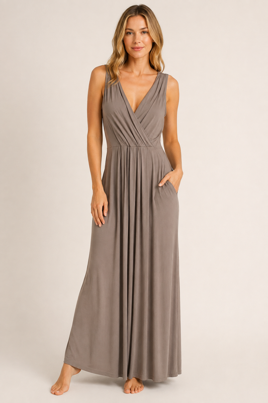 Final Touch Taupe Surplice Wide Leg Jumpsuit