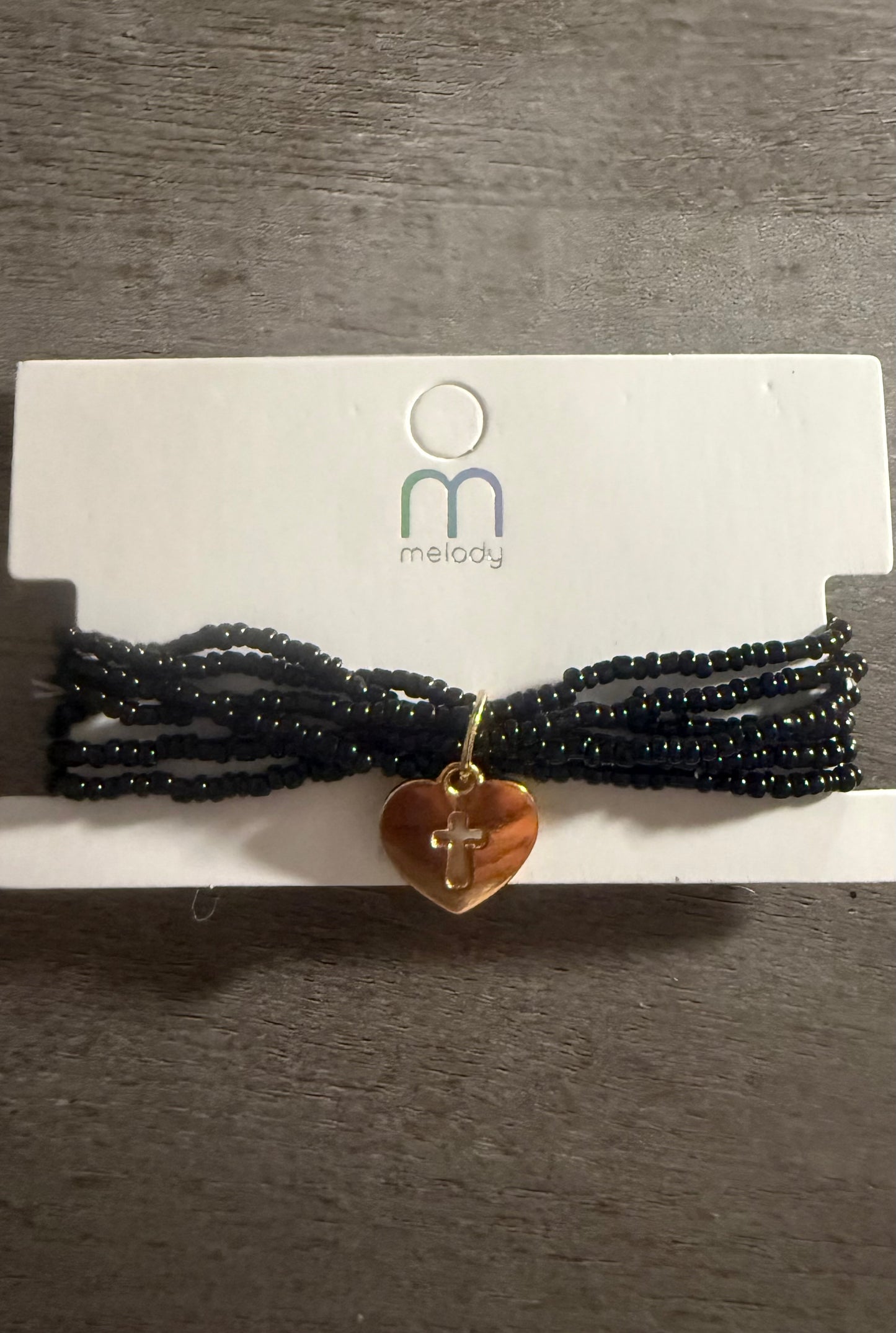 Black Beaded Multi-Strand Heart & Cross Charm Bracelet