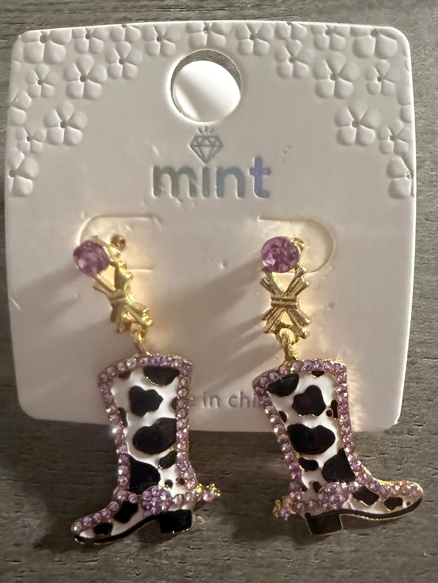 Cow Print Rhinestone Western Boot Dangle Earrings